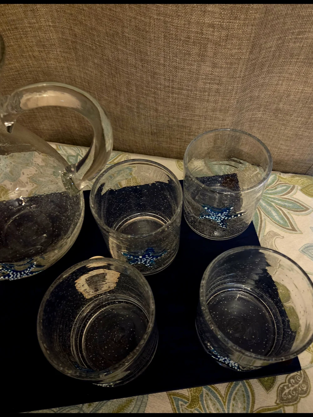 HANDBLOWN GLASS AQUA STARFISH PITCHER & TUMBLERS